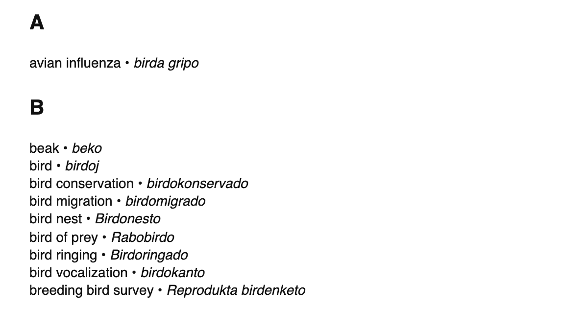 Ornithology terms in Esperanto
