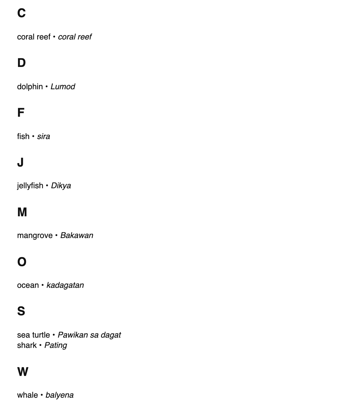Marine biology terms in Central Bikol