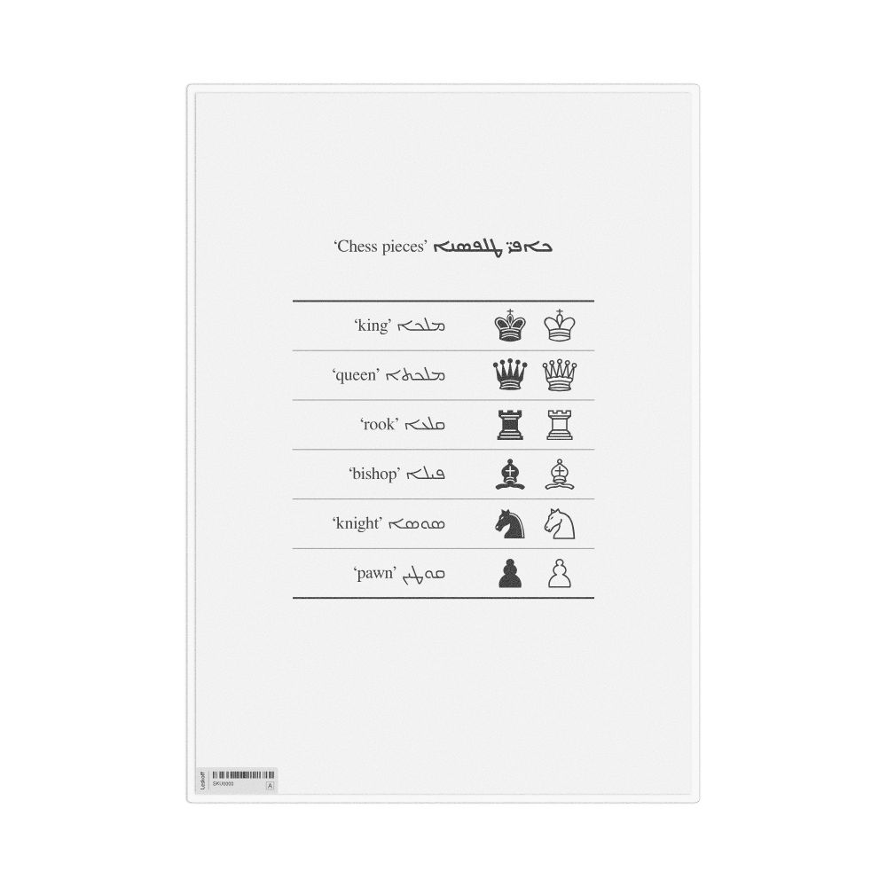 Leskoff Chess Pieces in Assyrian Neo-Aramaic, Desk Chart, 8.3 x 11.7 in (21.0 x 29.7 cm), image 1 of 1