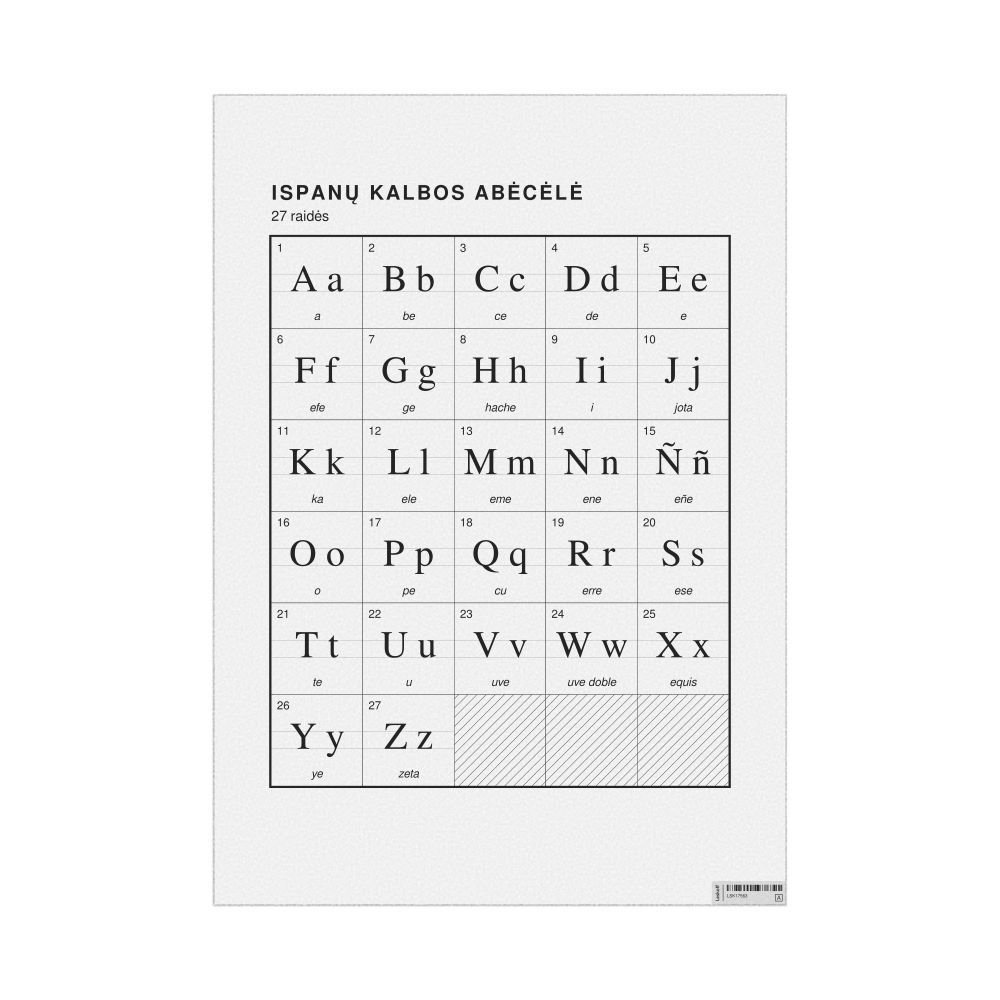 Leskoff Spanish Alphabet Chart, 23.4 x 33.1 in (59.4 x 84.1 cm, Poster / Wall Chart), Lithuanian-Labeled, image 1 of 2