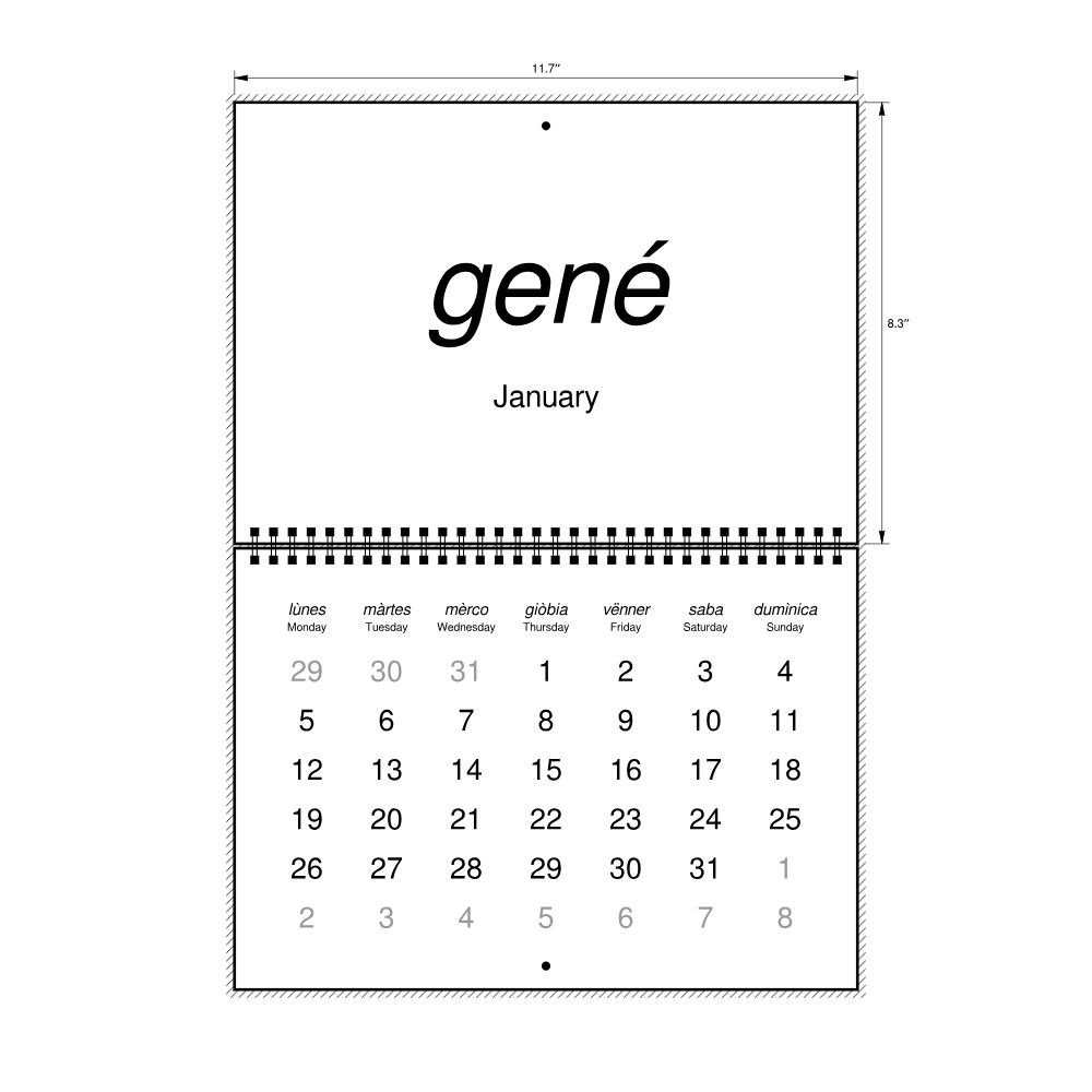 Leskoff 2026 Wall Calendar, Piedmontese/English-Labeled, Monday-Start Layout, Wire-Bound, 11.7 x 8.3 in (29.7 x 21.0 cm), image 2 of 2