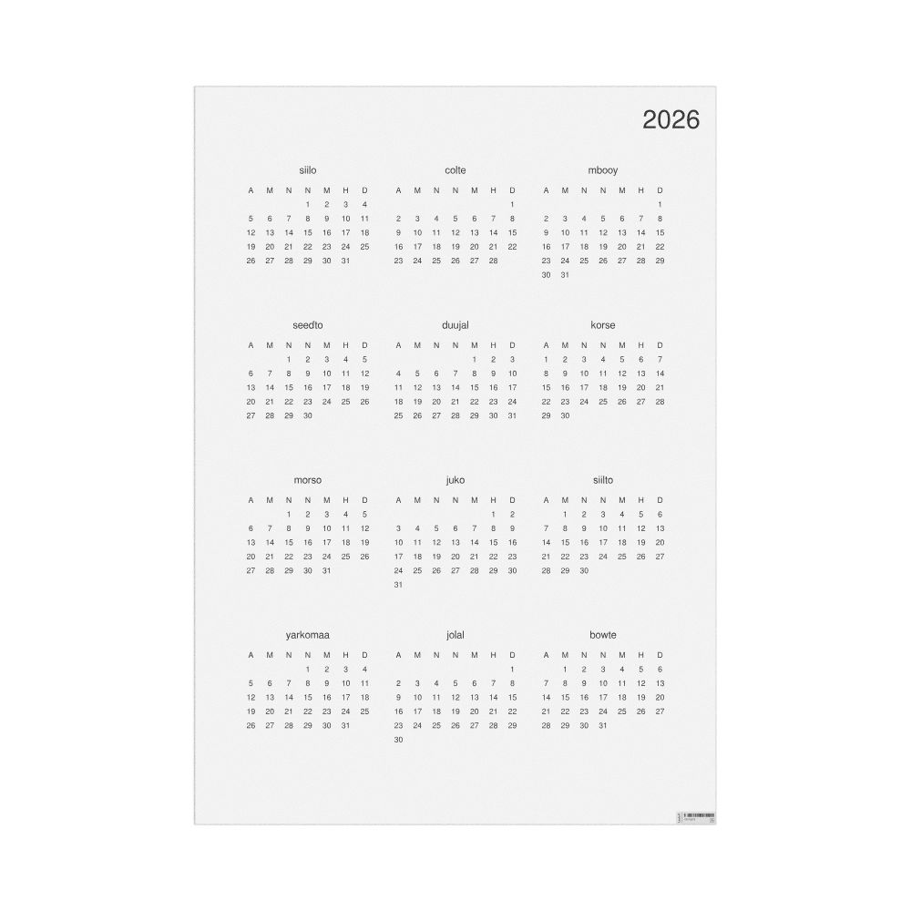 Leskoff 2026 Wall Calendar, Fula-Labeled, Monday-Start Layout, Poster / Wall Print, 23.4 x 33.1 in (59.4 x 84.1 cm), image 1 of 1