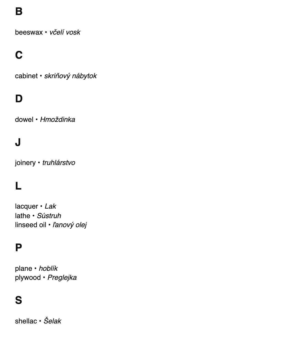 Woodworking terms in Slovak