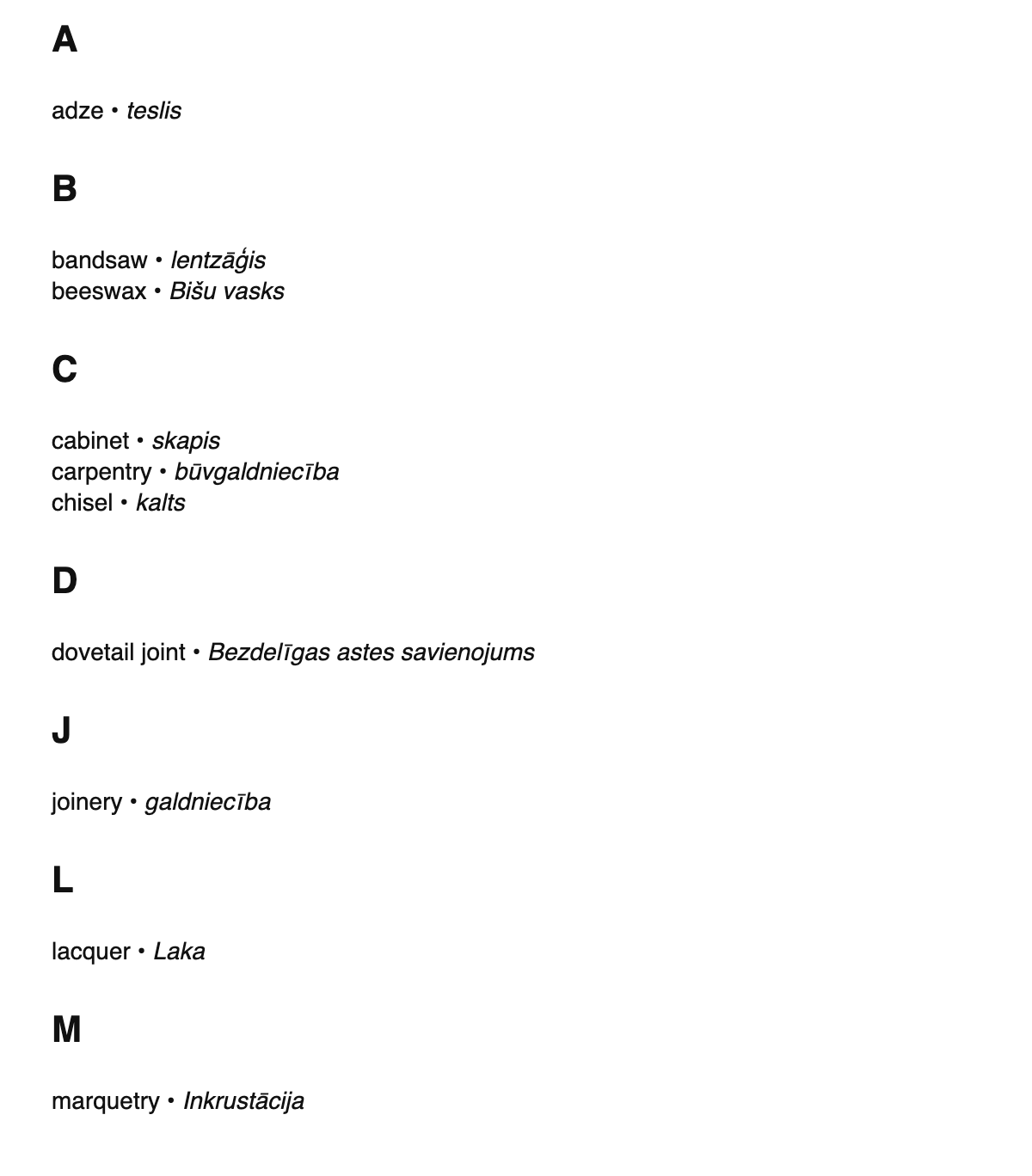 Woodworking terms in Latvian