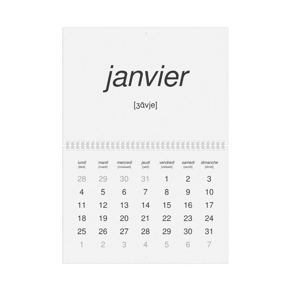 Leskoff 2027 Phonetic Wall Calendar, French-Labeled with IPA, Monday-Start Layout, Wire-Bound, 11.7 x 8.3 in (29.7 x 21.0 cm), image 1 of 1