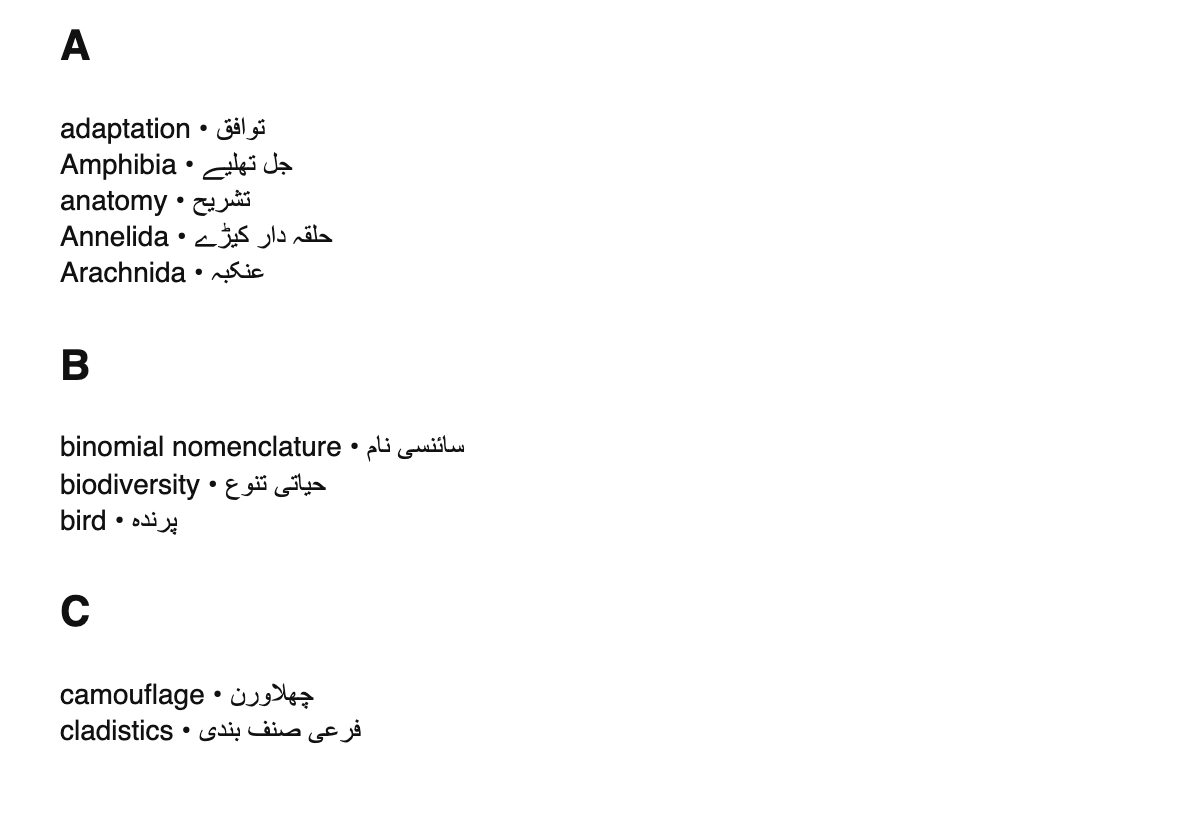 Zoology terms in Urdu