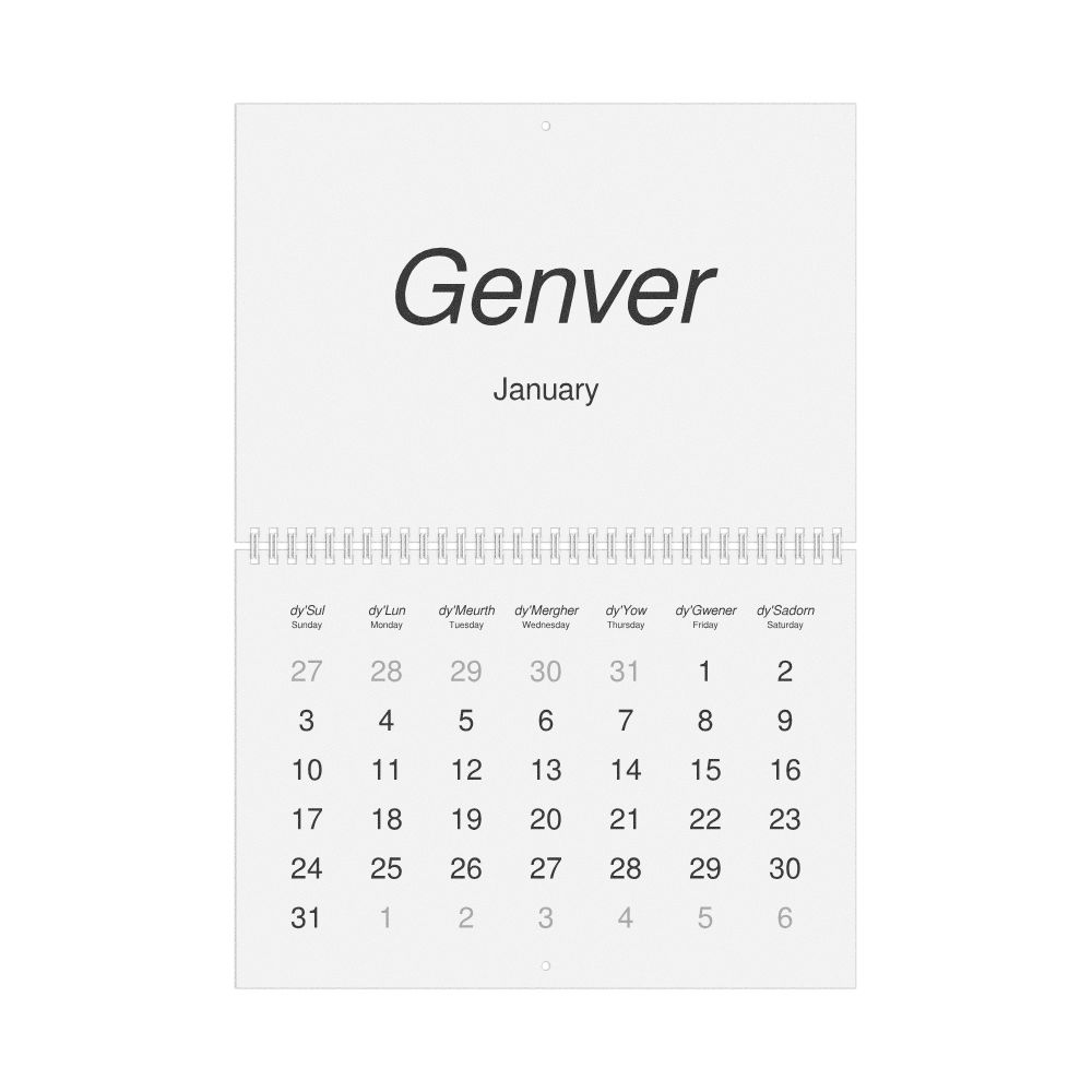 Leskoff 2027 Wall Calendar, Cornish/English-Labeled, Sunday-Start Layout, Wire-Bound, 11.7 x 8.3 in (29.7 x 21.0 cm), image 1 of 1