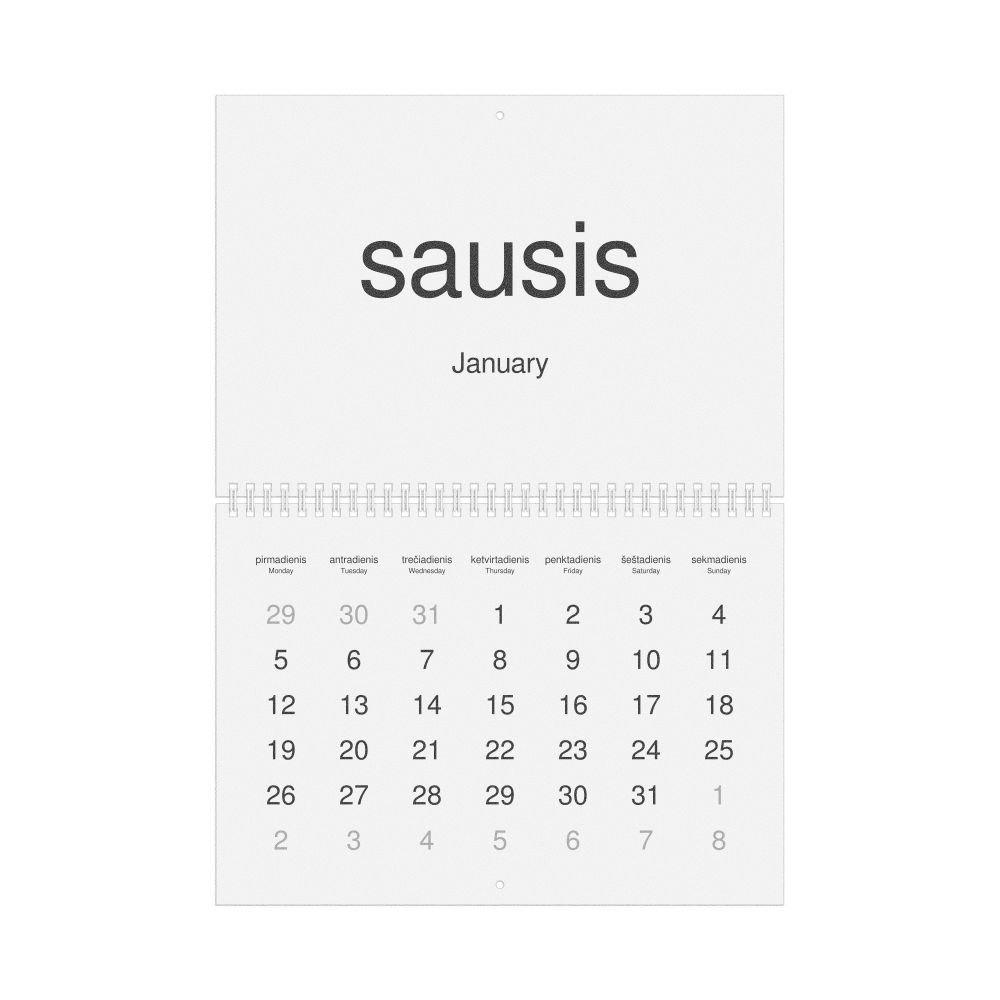 Leskoff 2026 Wall Calendar, Lithuanian/English-Labeled, Monday-Start Layout, Wire-Bound, 11.7 x 8.3 in (29.7 x 21.0 cm), image 1 of 1