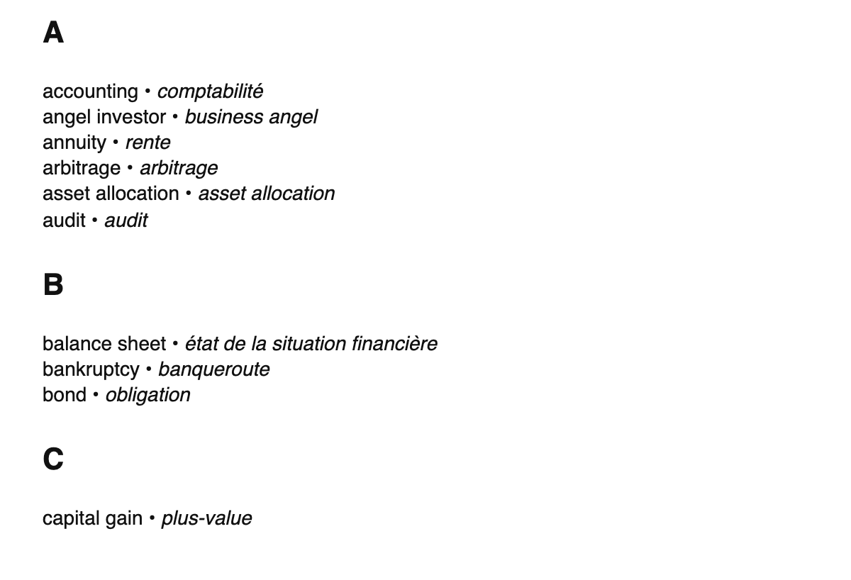 Finance terms in French