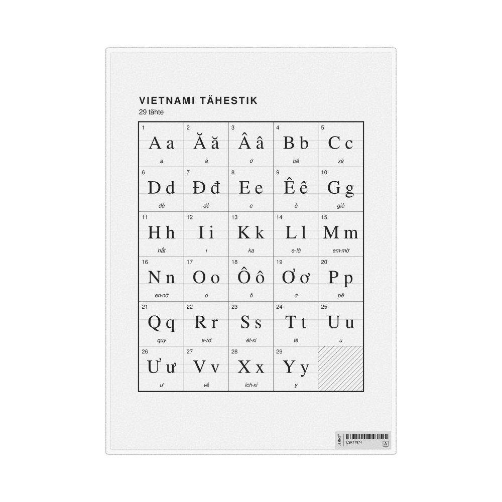 Leskoff Vietnamese Alphabet Chart, 8.3 x 11.7 in (21.0 x 29.7 cm, Desk Chart, Laminated), Estonian-Labeled, image 1 of 2