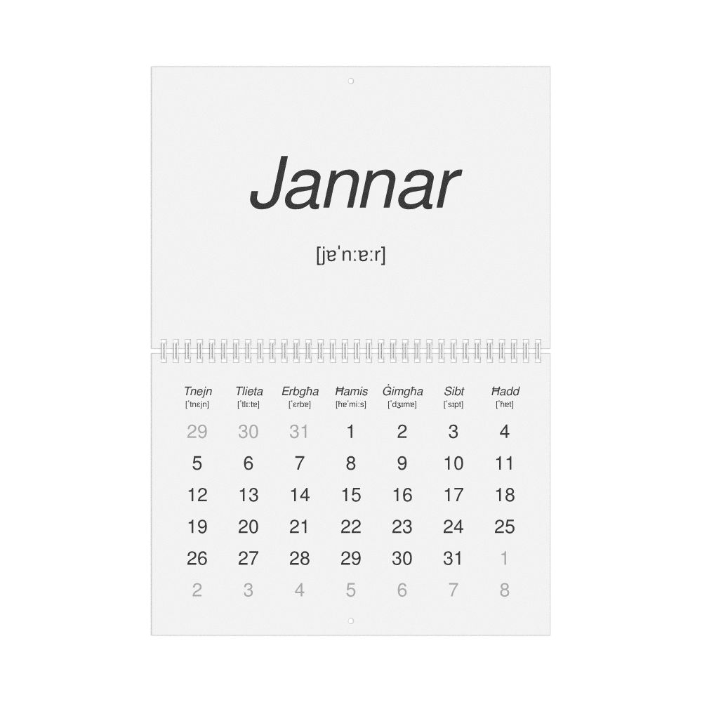 Leskoff 2026 Phonetic Wall Calendar, Maltese-Labeled with IPA, Monday-Start Layout, Wire-Bound, 11.7 x 8.3 in (29.7 x 21.0 cm), image 1 of 1