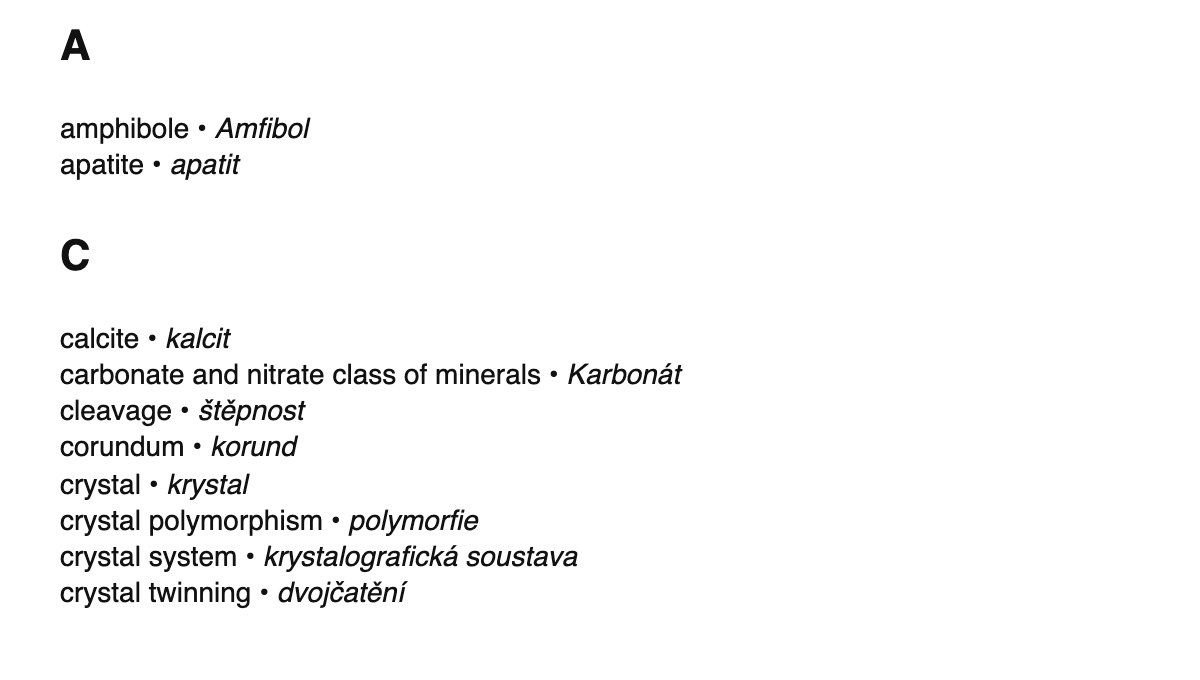 Mineralogy terms in Czech