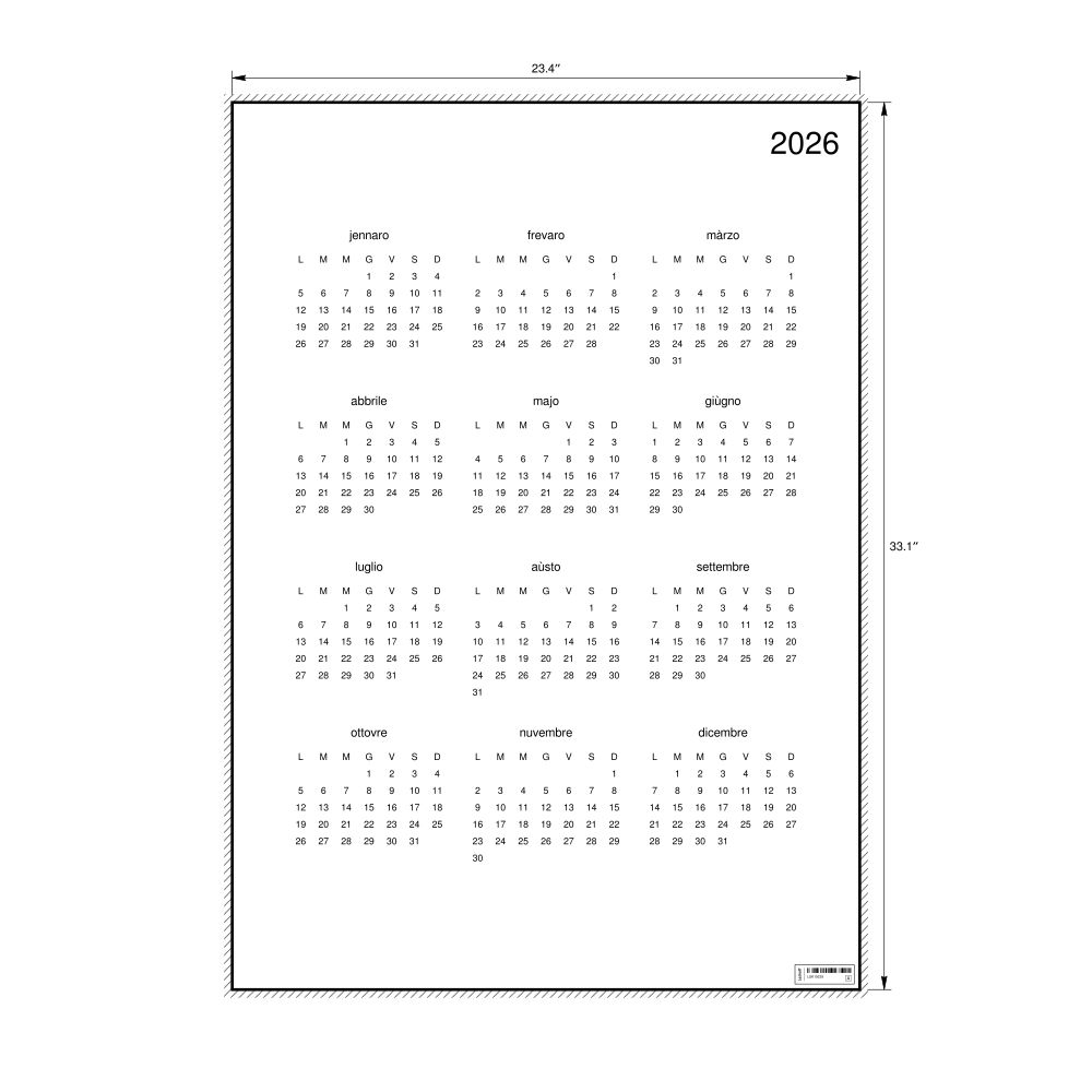 Leskoff 2026 Wall Calendar, Neapolitan-Labeled, Monday-Start Layout, Poster / Wall Print, 23.4 x 33.1 in (59.4 x 84.1 cm), image 1 of 2