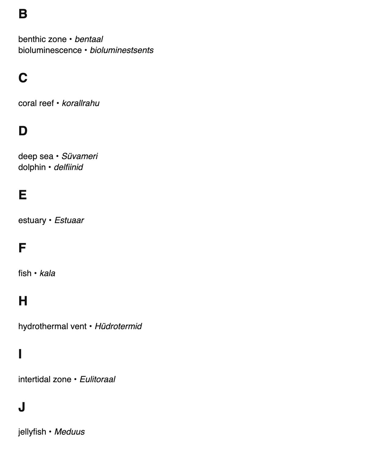 Marine biology terms in Estonian