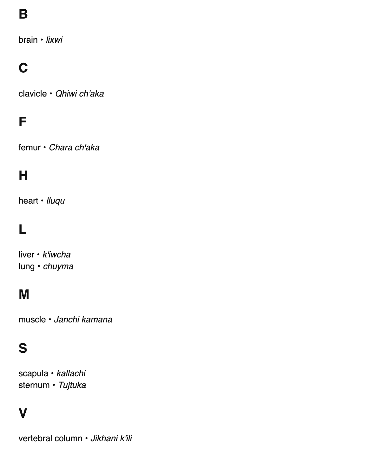 Human anatomy terms in Aymara
