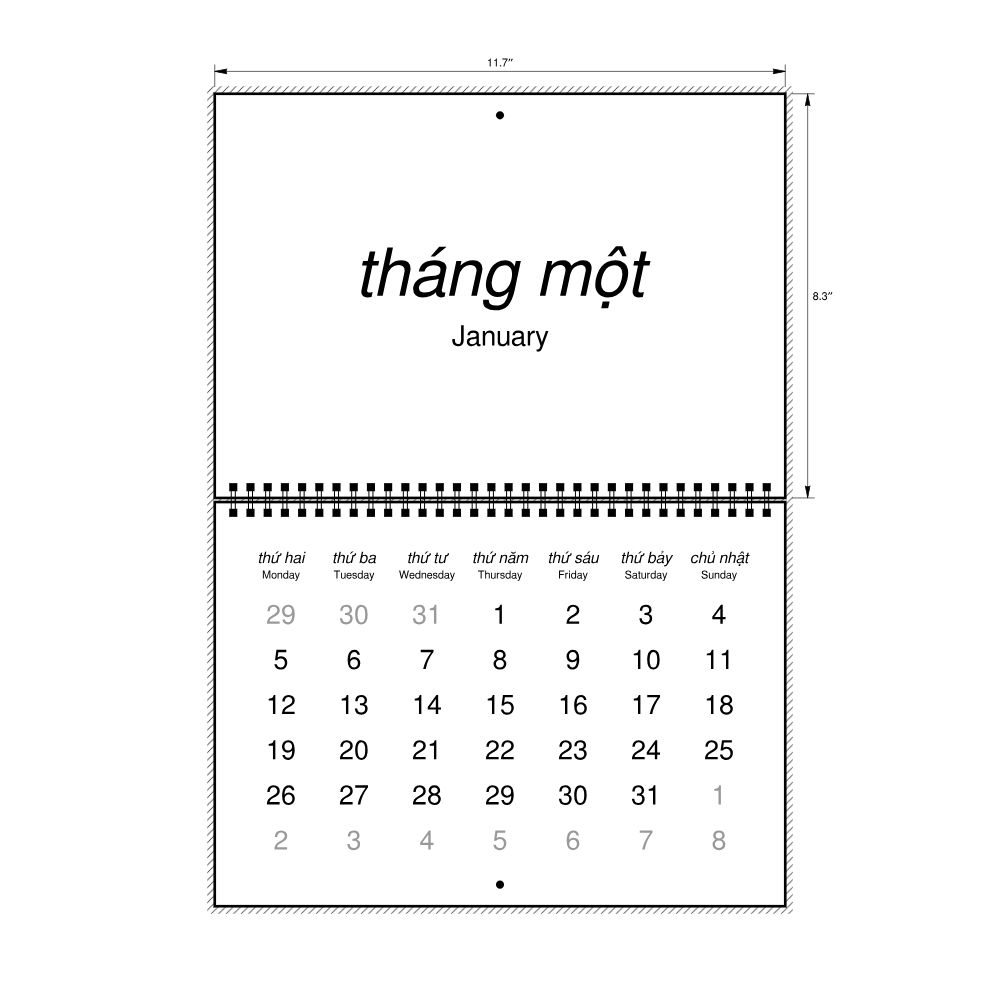 Leskoff 2026 Wall Calendar, Vietnamese/English-Labeled, Monday-Start Layout, Wire-Bound, 11.7 x 8.3 in (29.7 x 21.0 cm), image 2 of 2