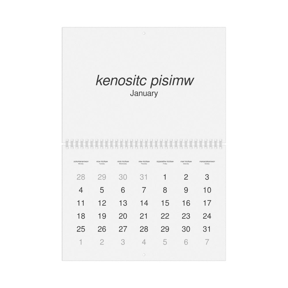 Leskoff 2027 Wall Calendar, Atikamekw/English-Labeled, Monday-Start Layout, Wire-Bound, 11.7 x 8.3 in (29.7 x 21.0 cm), image 1 of 1