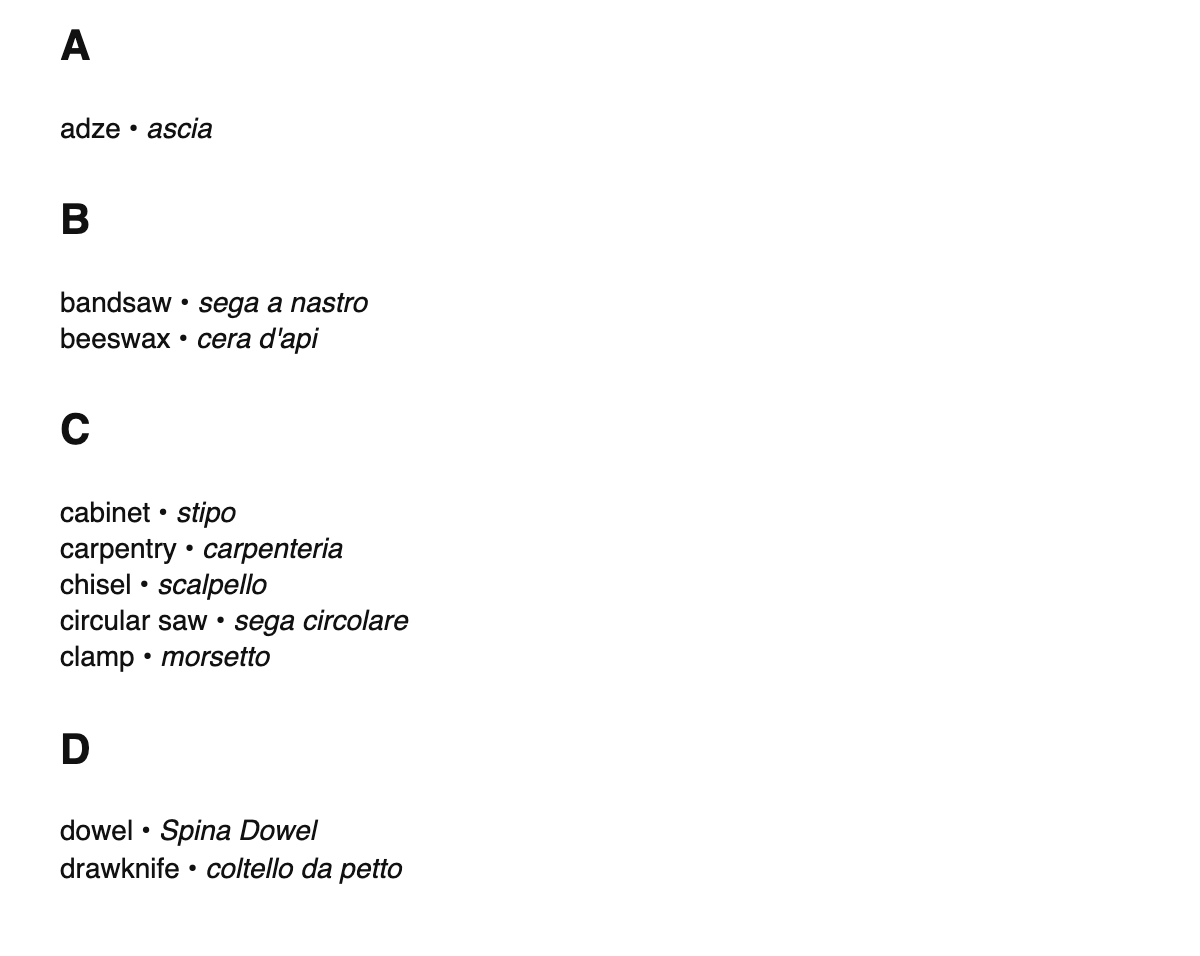 Woodworking terms in Italian