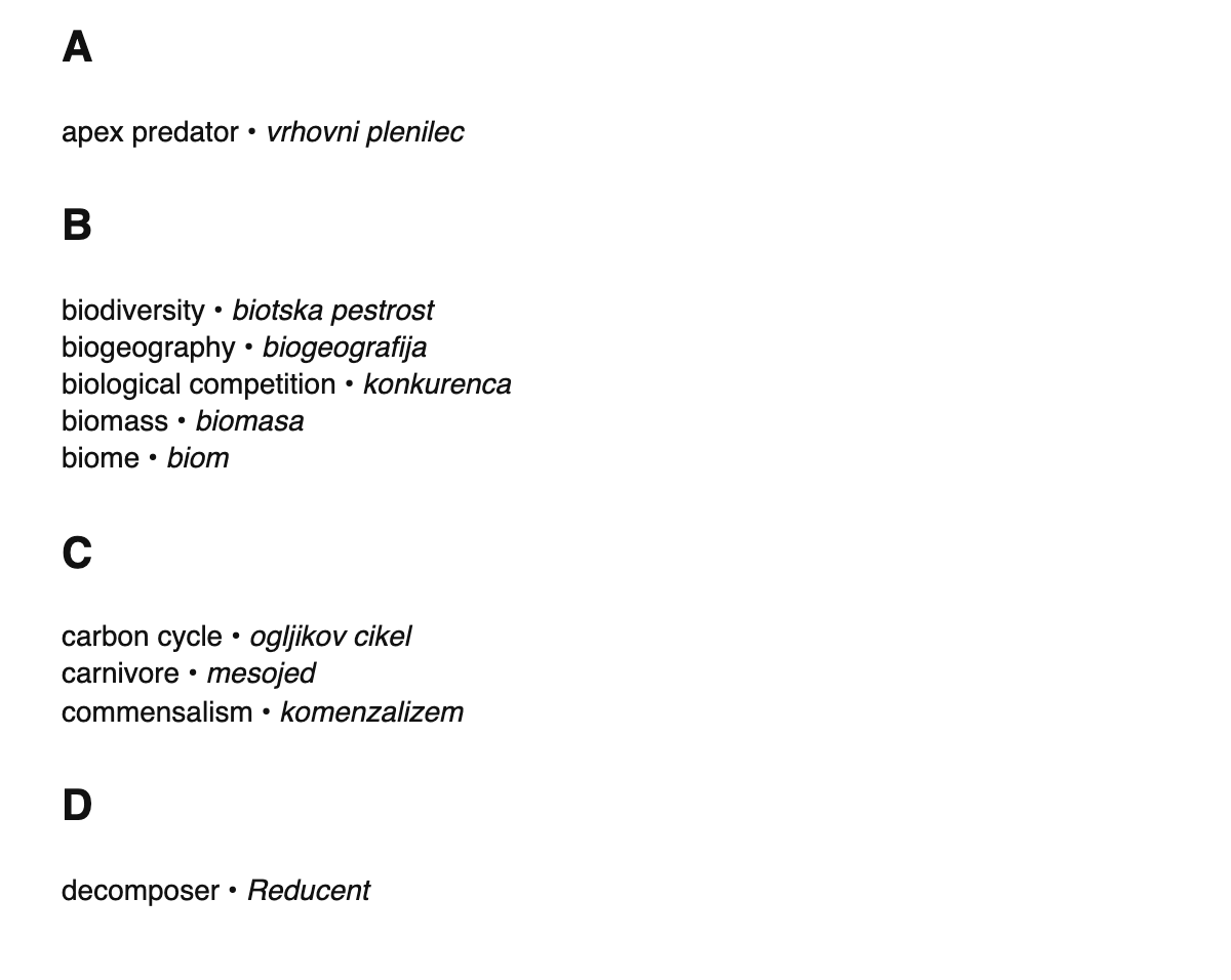 Ecology terms in Slovene