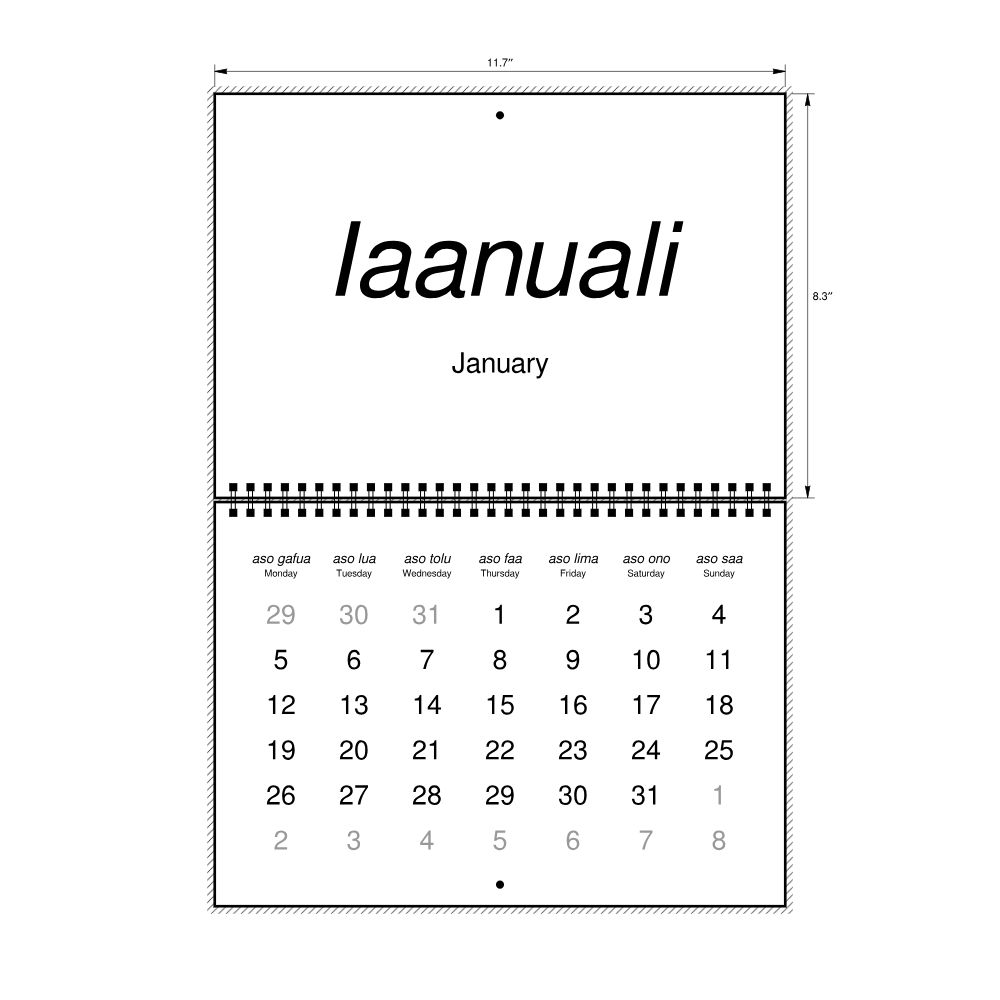Leskoff 2026 Wall Calendar, Tuvaluan/English-Labeled, Monday-Start Layout, Wire-Bound, 11.7 x 8.3 in (29.7 x 21.0 cm), image 2 of 2