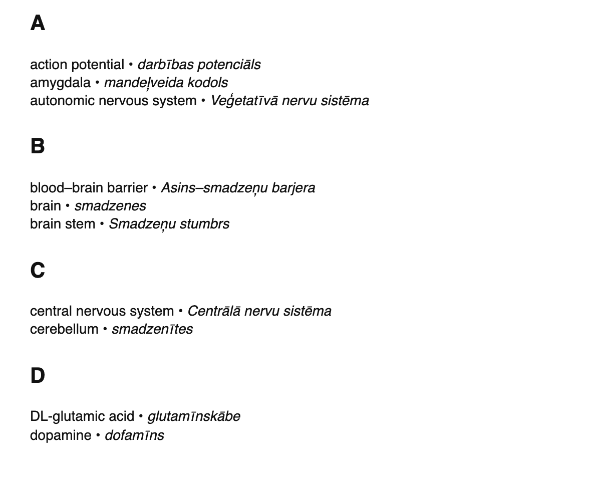 Neuroscience terms in Latvian