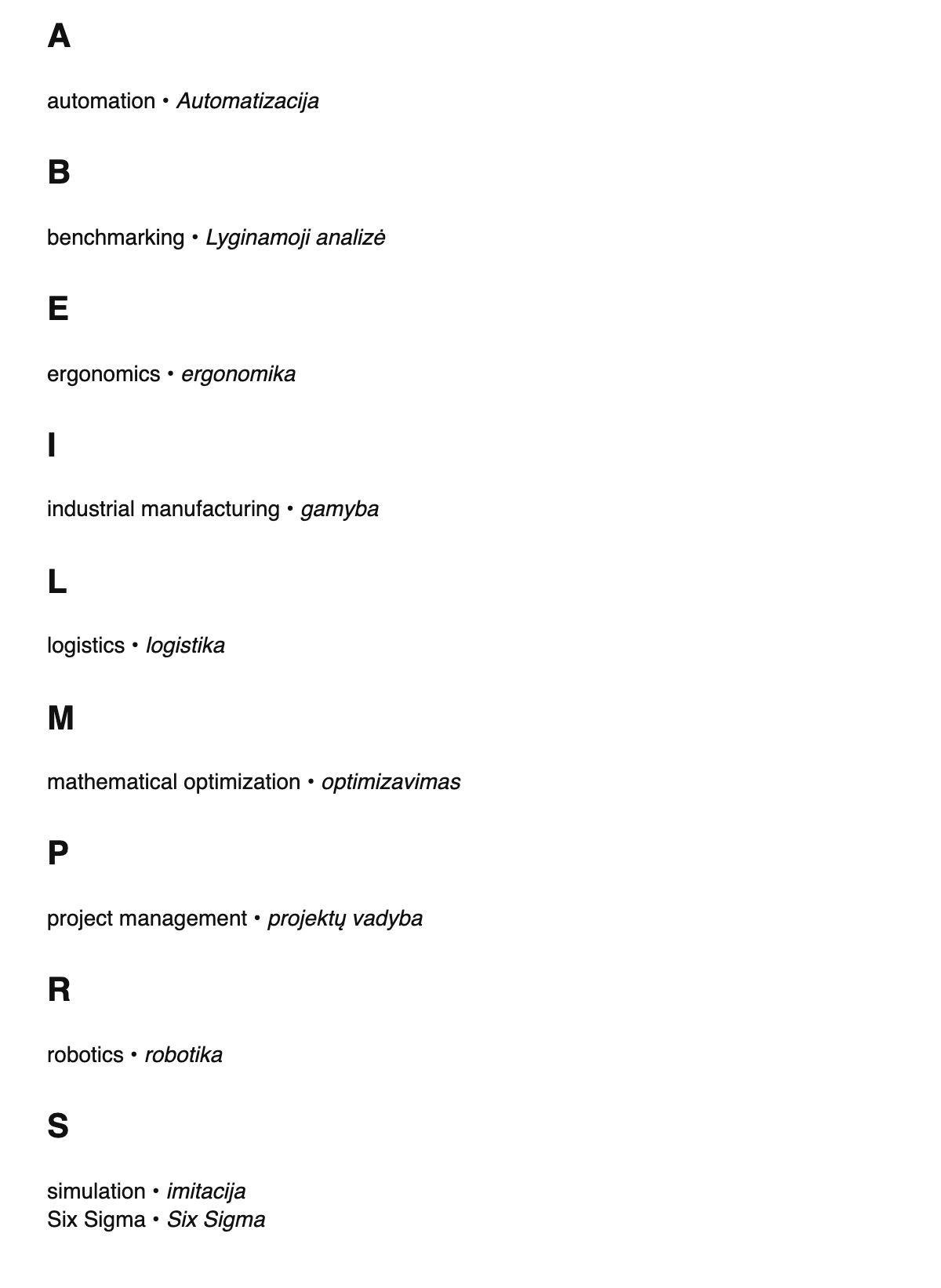 Industrial engineering terms in Lithuanian
