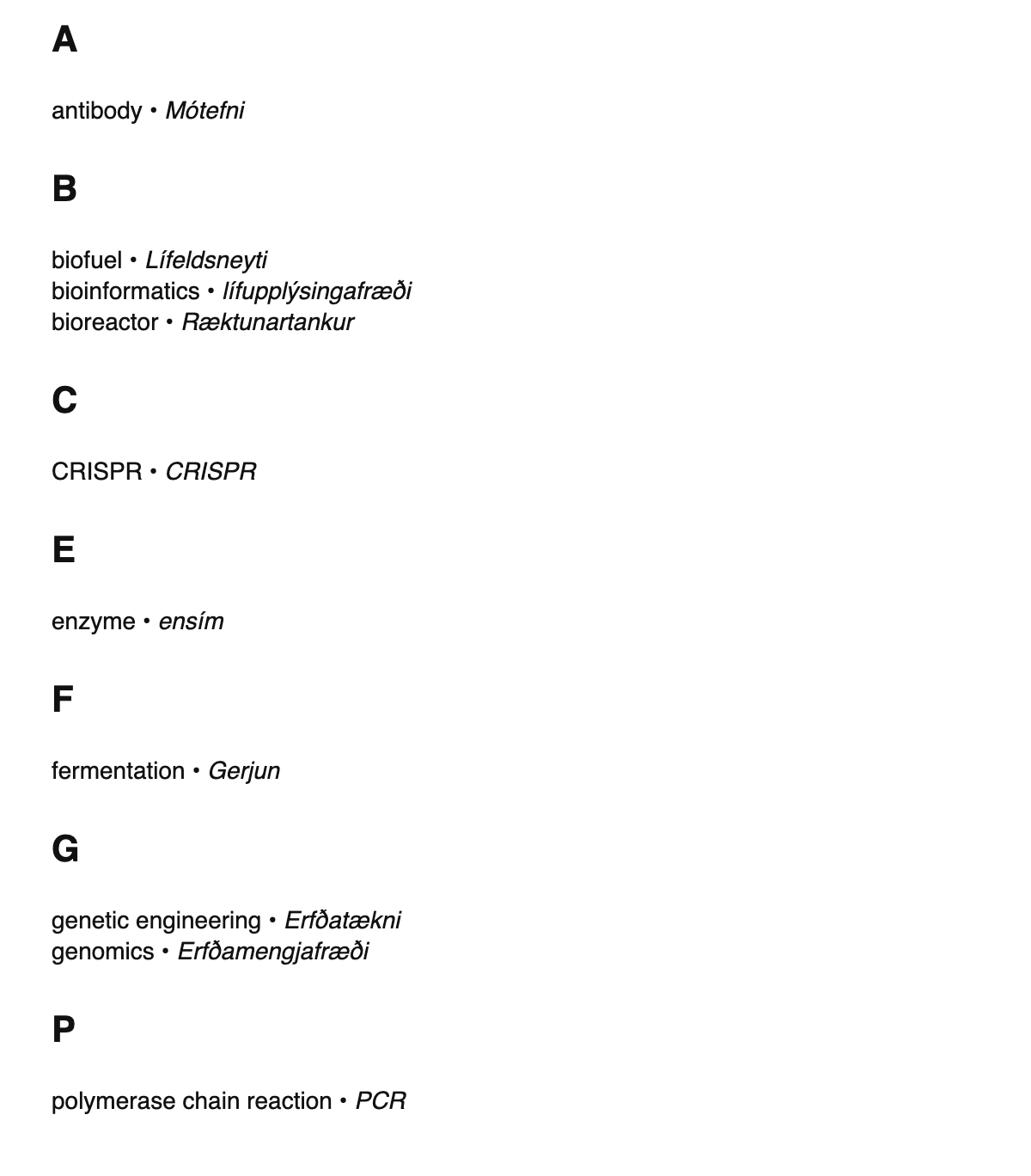 Bioengineering terms in Icelandic