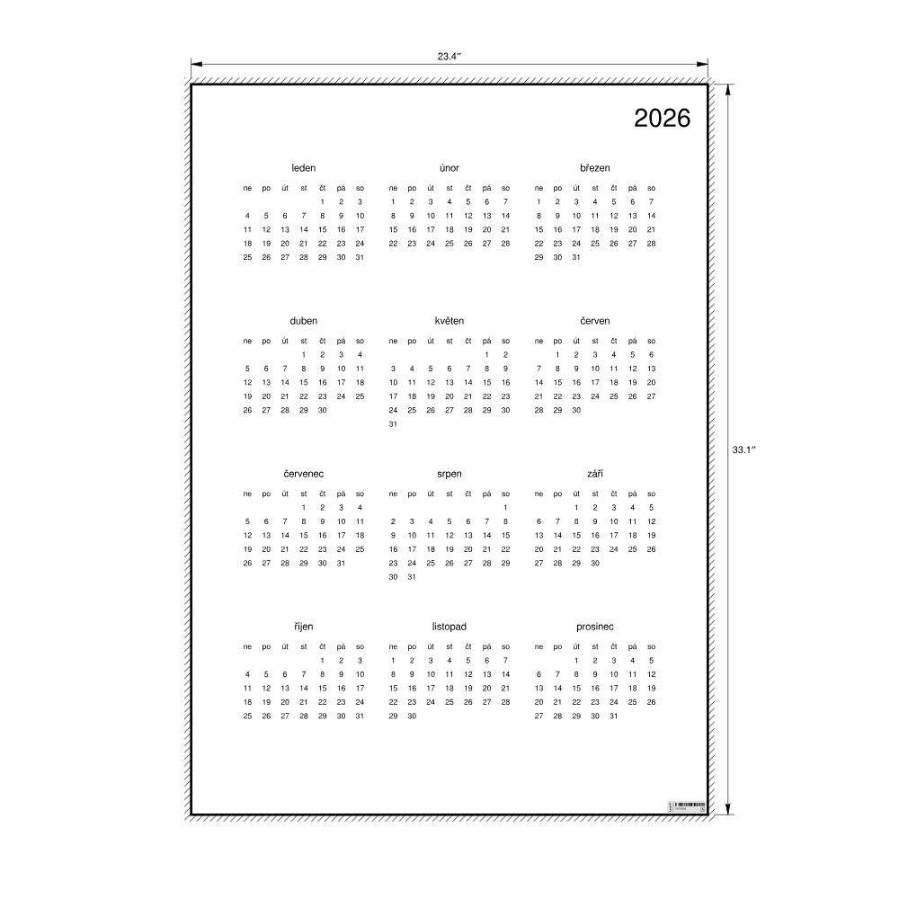 Leskoff 2026 Wall Calendar, Czech-Labeled, Sunday-Start Layout, Poster / Wall Print, 23.4 x 33.1 in (59.4 x 84.1 cm), image 2 of 2