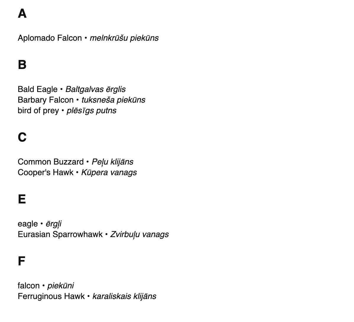 Falconry terms in Latvian