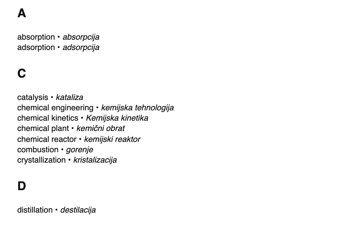 Chemical engineering terms in Slovene