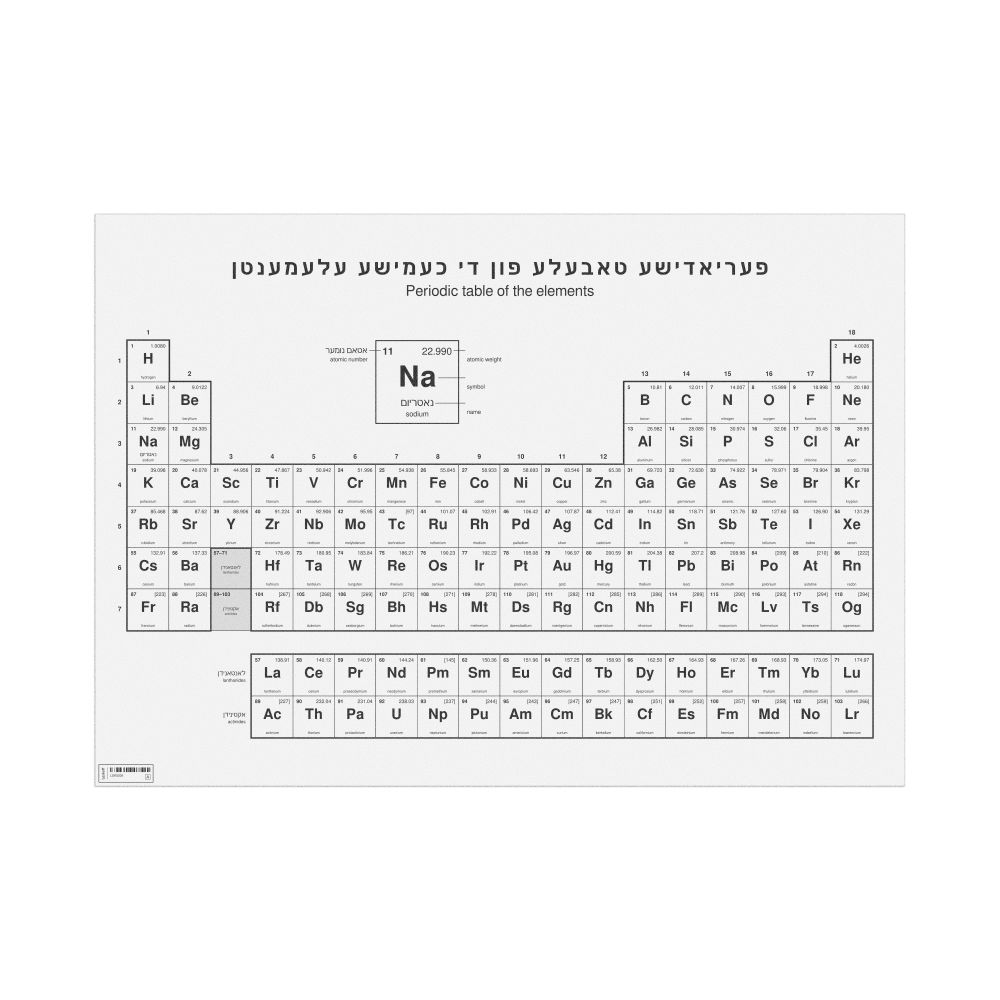 Leskoff Periodic Table Chart, 33.1 x 23.4 in (84.1 x 59.4 cm, Poster / Wall Chart), 18-Column Layout, Yiddish/English-Labeled, image 1 of 2