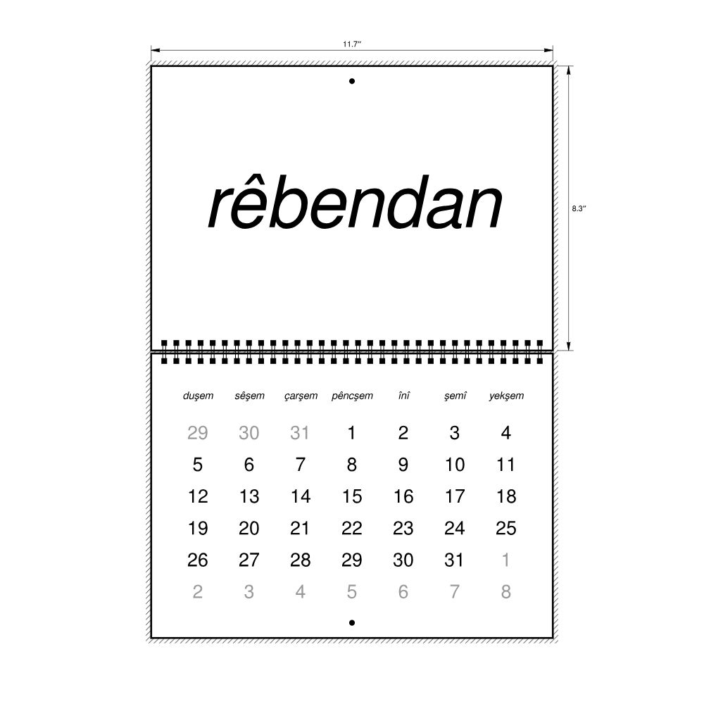 Leskoff 2026 Wall Calendar, Kurdish-Labeled, Monday-Start Layout, Wire-Bound, 11.7 x 8.3 in (29.7 x 21.0 cm), image 2 of 2