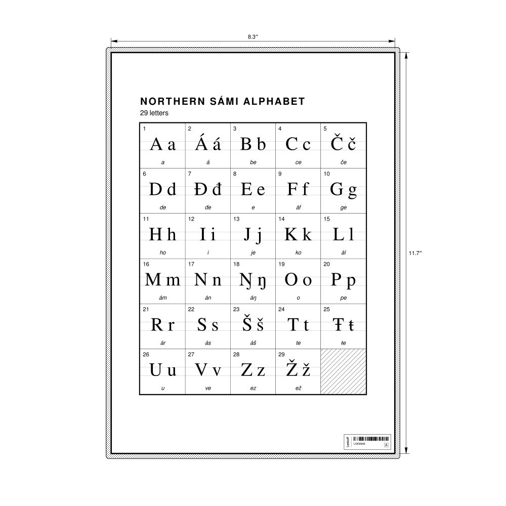Leskoff Northern Sámi Alphabet Chart, 8.3 x 11.7 in (21.0 x 29.7 cm, Desk Chart, Laminated), image 1 of 2