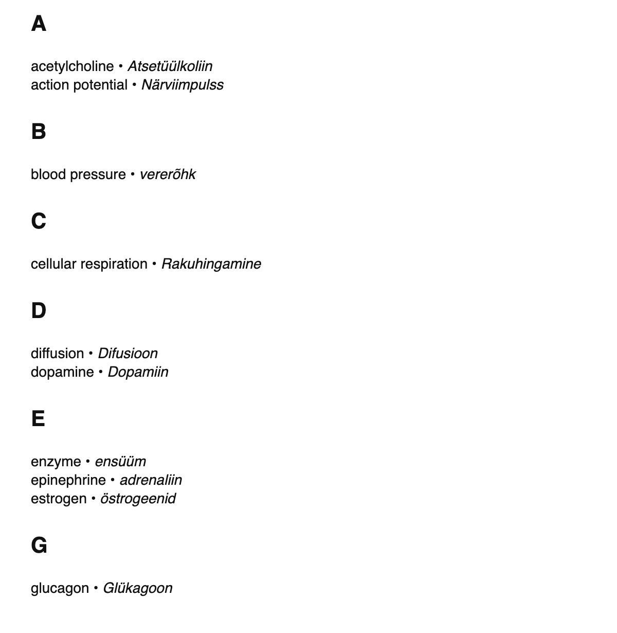 Physiology terms in Estonian