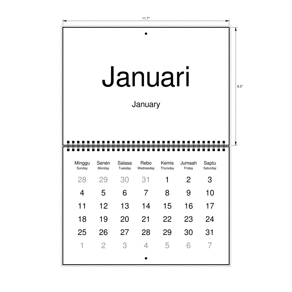 Leskoff 2026 Wall Calendar, Sundanese/English-Labeled, Sunday-Start Layout, Wire-Bound, 11.7 x 8.3 in (29.7 x 21.0 cm), image 1 of 1