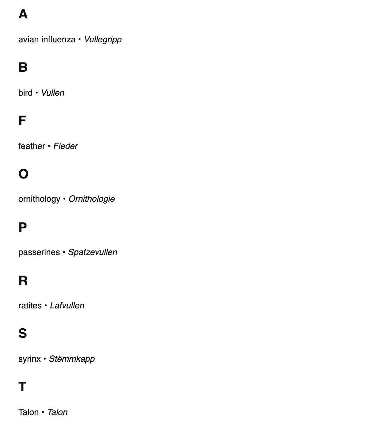 Ornithology terms in Luxembourgish