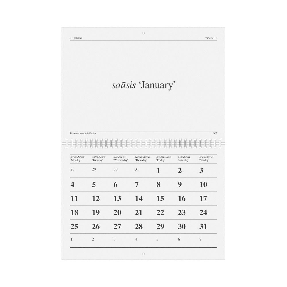 Leskoff 2027 Lithuanian (accented)-Language Calendar, Lithuanian (accented)/English-Labeled, Monday-Start Layout, image 1 of 1