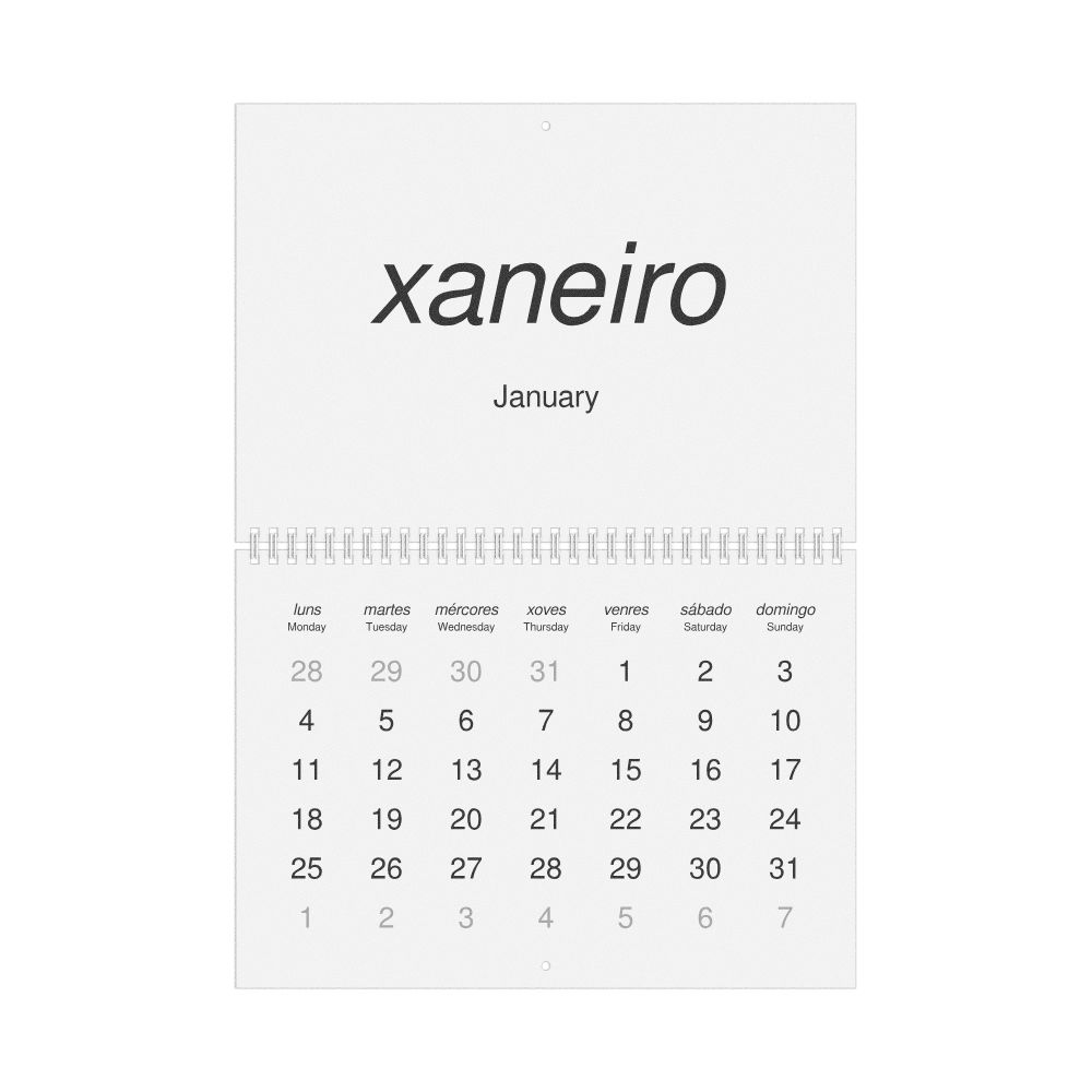Leskoff 2027 Wall Calendar, Galician/English-Labeled, Monday-Start Layout, Wire-Bound, 11.7 x 8.3 in (29.7 x 21.0 cm), image 1 of 1