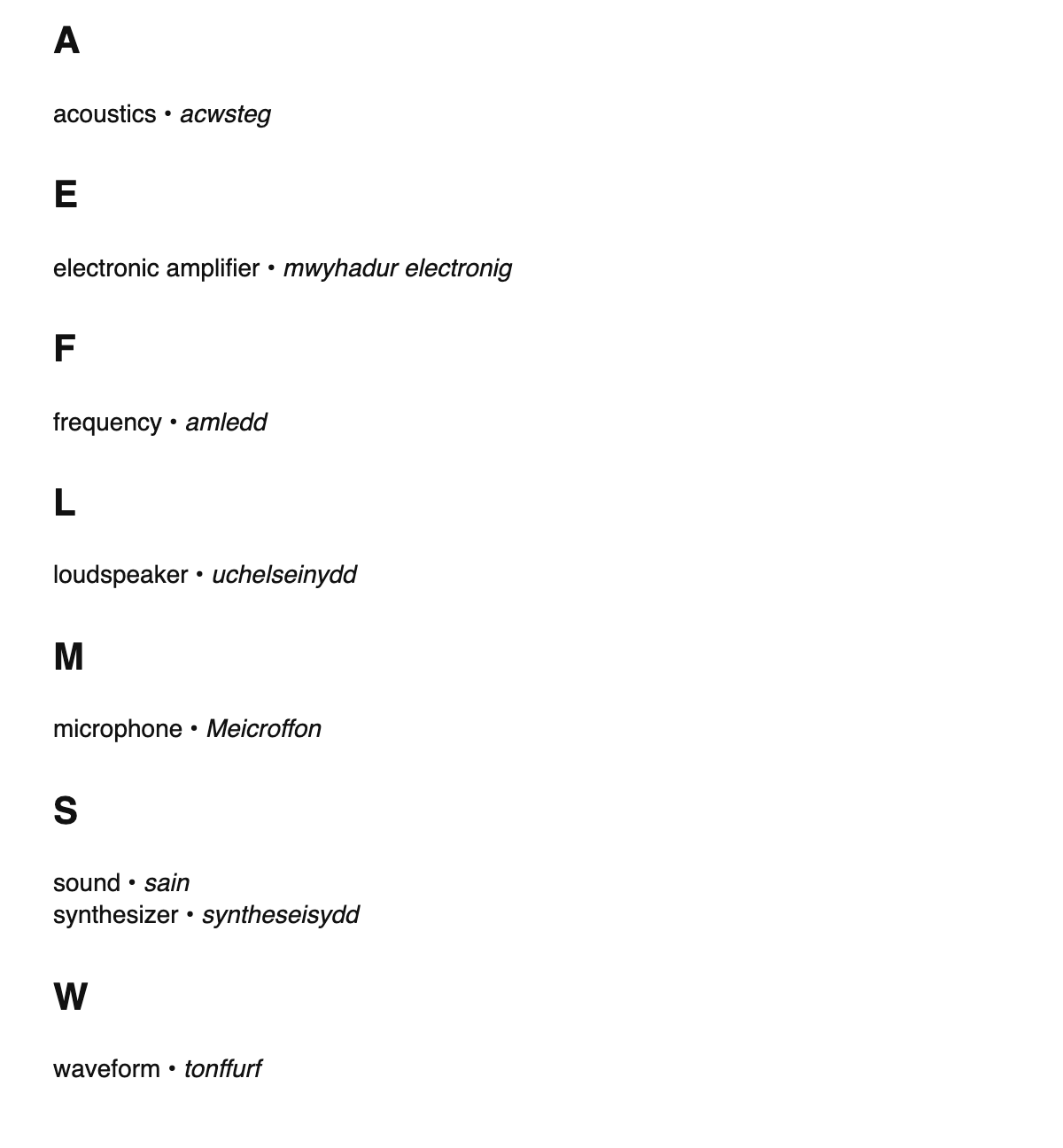 Audio engineering terms in Welsh