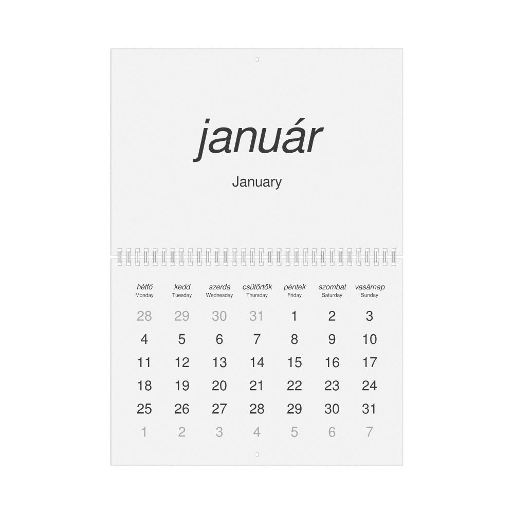 Leskoff 2027 Wall Calendar, Hungarian/English-Labeled, Monday-Start Layout, Wire-Bound, 11.7 x 8.3 in (29.7 x 21.0 cm), image 1 of 1