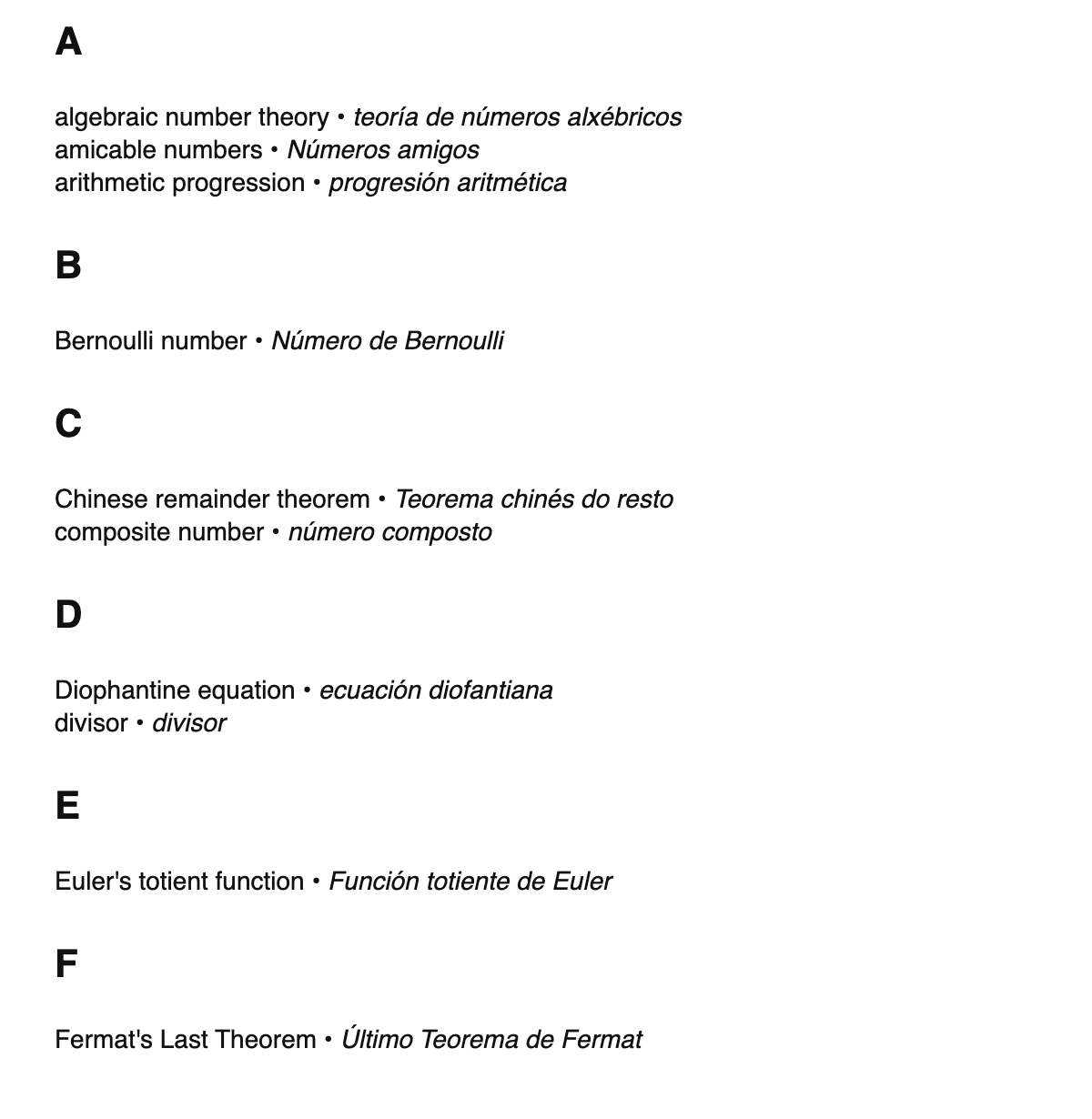 Number theory terms in Galician