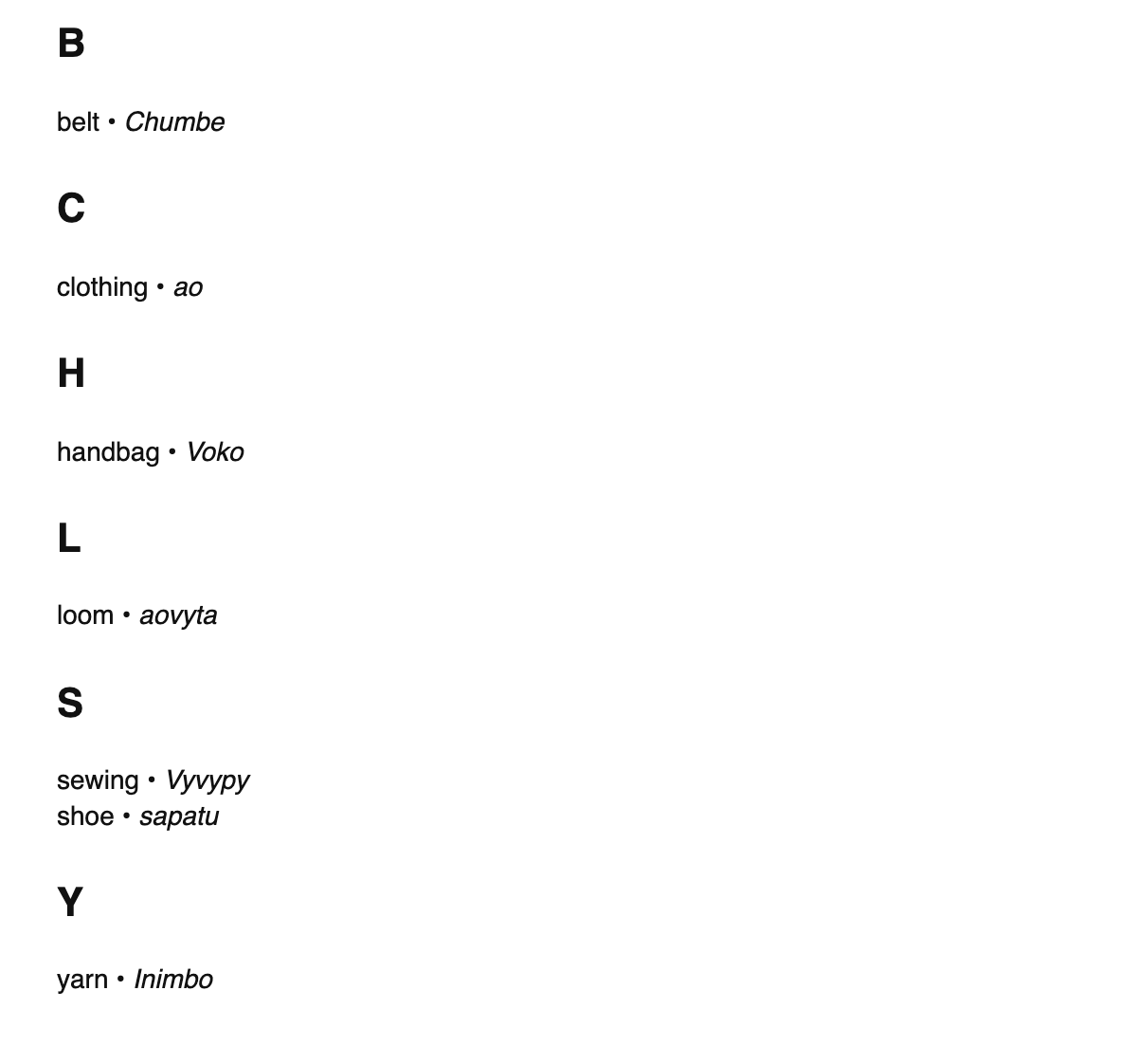 Fashion design terms in Guarani