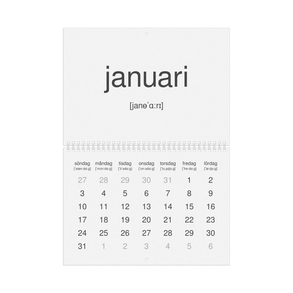 Leskoff 2027 Phonetic Wall Calendar, Swedish-Labeled with IPA, Sunday-Start Layout, Wire-Bound, 11.7 x 8.3 in (29.7 x 21.0 cm), image 1 of 1