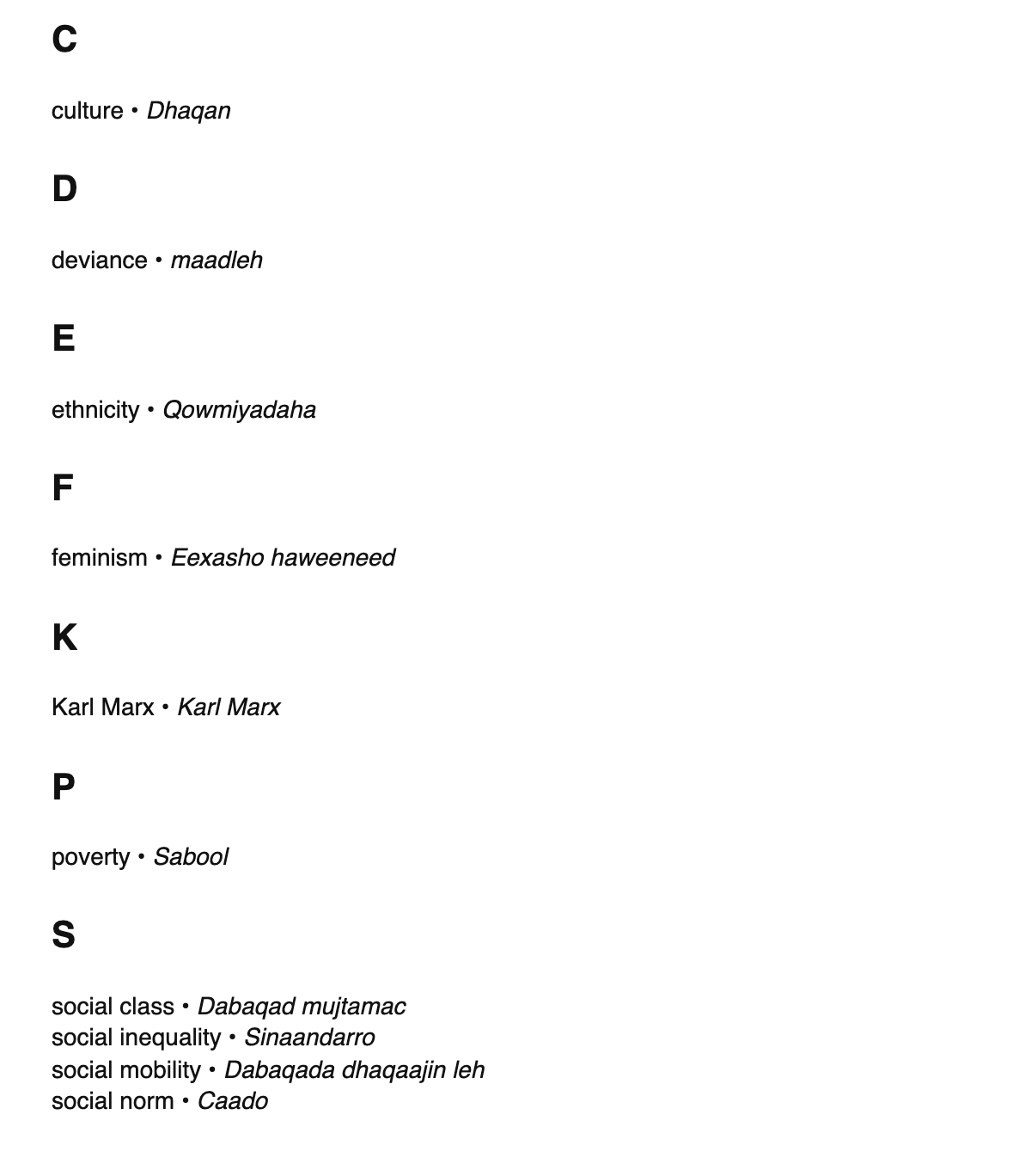 Sociology terms in Somali