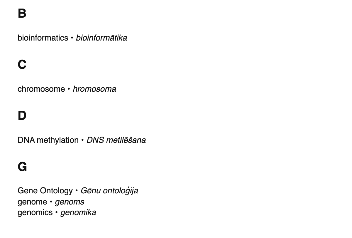 Genomics terms in Latvian
