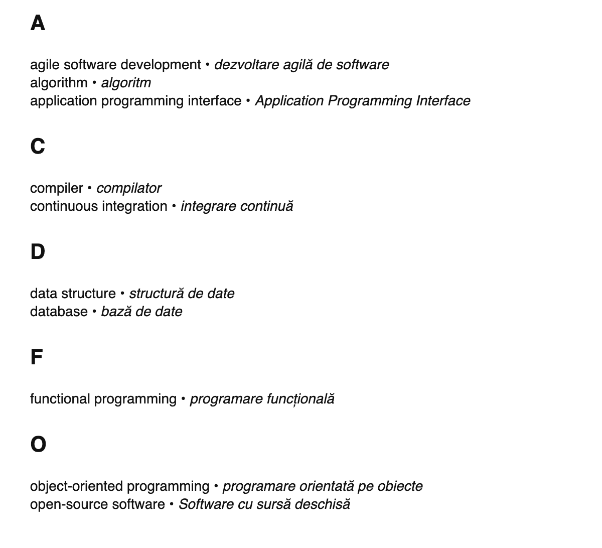 Software engineering terms in Romanian