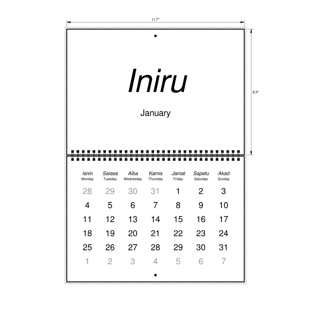 Leskoff 2027 Wall Calendar, Maguindanao/English-Labeled, Monday-Start Layout, Wire-Bound, 11.7 x 8.3 in (29.7 x 21.0 cm), image 2 of 2