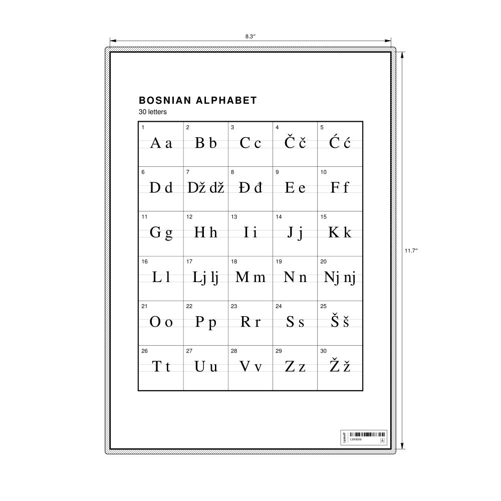 Leskoff Bosnian Alphabet Chart, 8.3 x 11.7 in (21.0 x 29.7 cm, Desk Chart, Laminated), image 1 of 2
