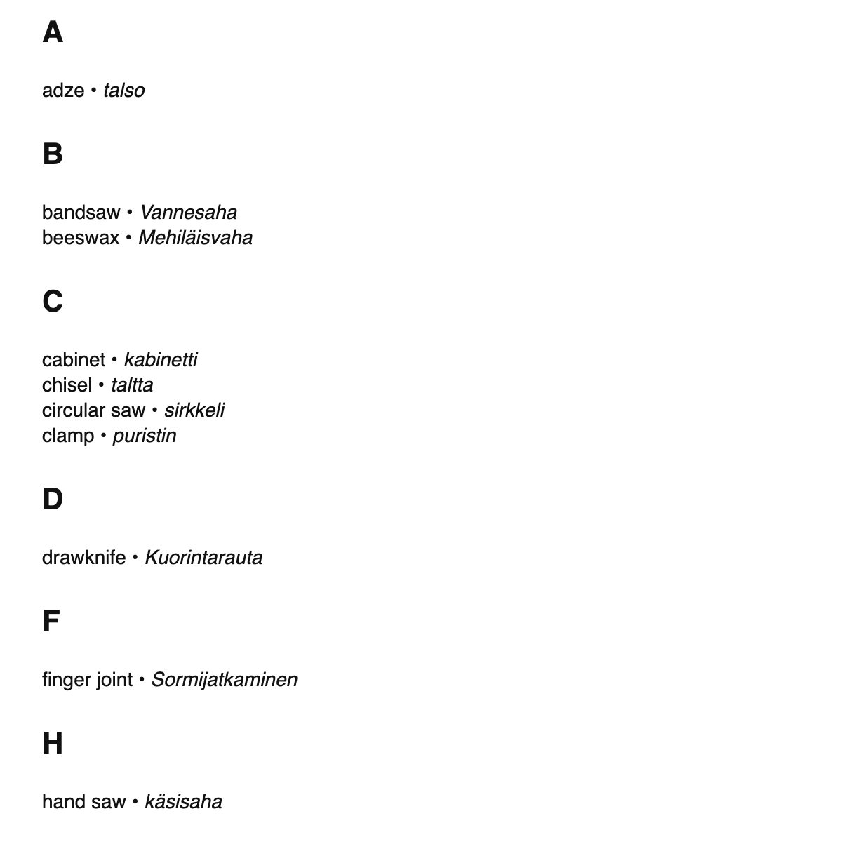 Woodworking terms in Finnish