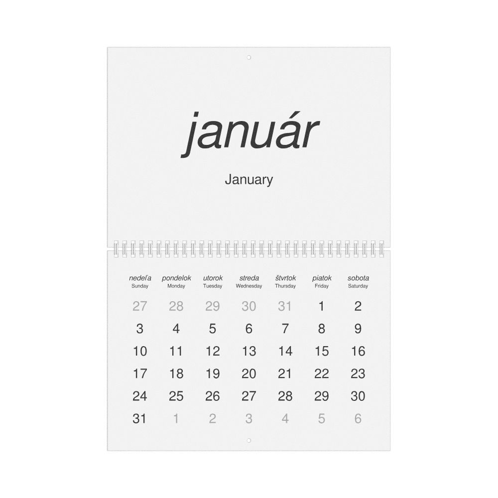 Leskoff 2027 Wall Calendar, Slovak/English-Labeled, Sunday-Start Layout, Wire-Bound, 11.7 x 8.3 in (29.7 x 21.0 cm), image 1 of 1